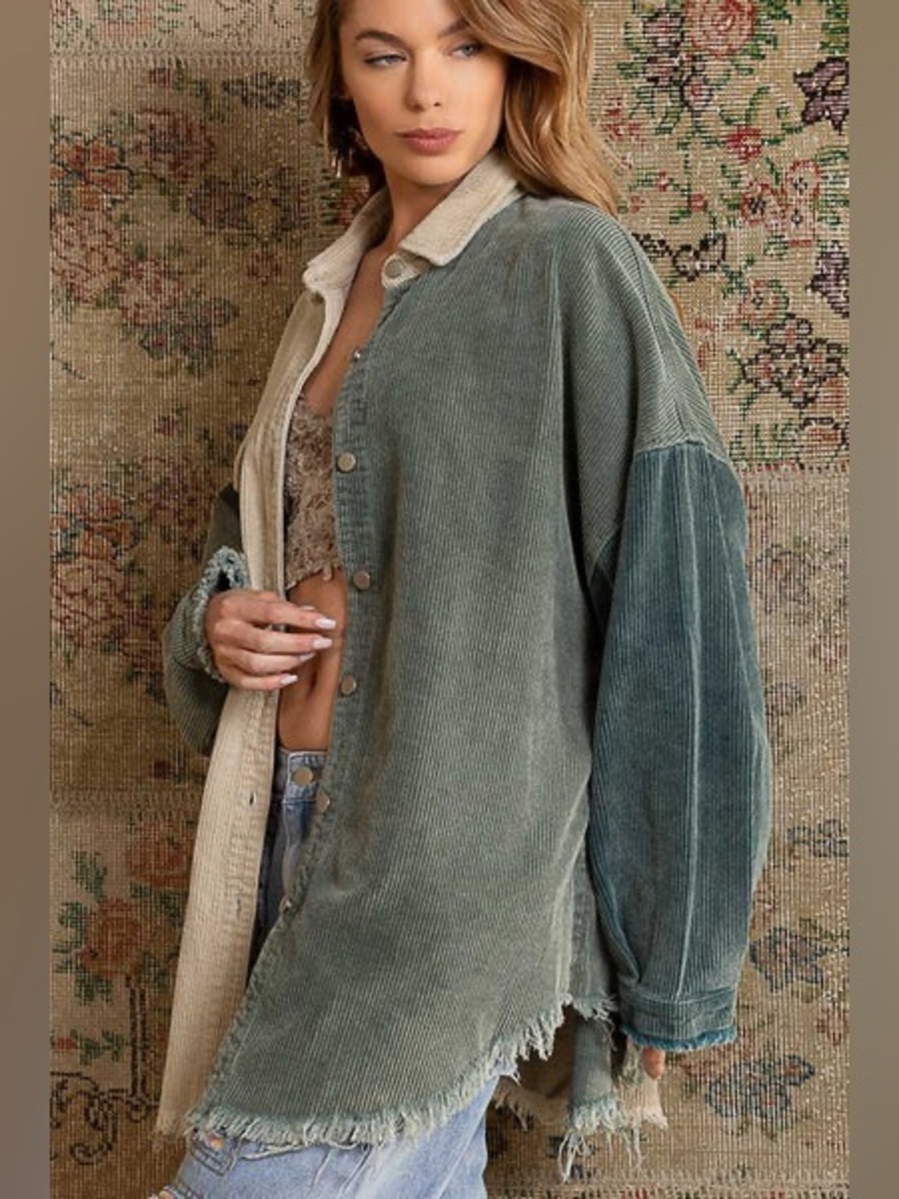 POL Colorblock Corduroy Oversized Shacket Sage Jade Cream Boho Large - Picture 3 of 9